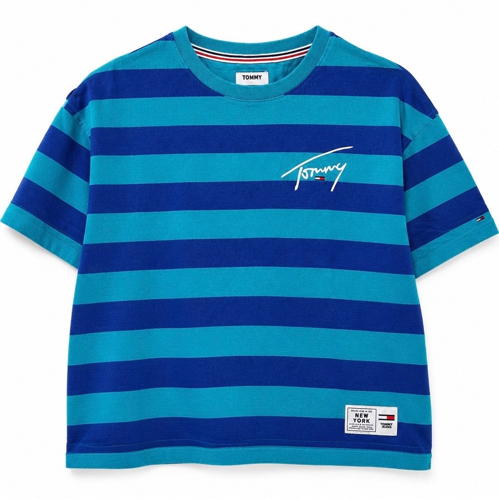 Tommy Jeans Women's Medium Blue Striped Boxy Crop T-Shirt Embroidered Logo